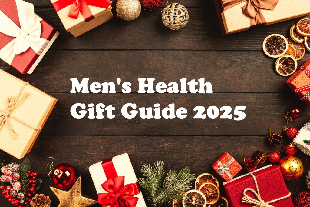 Men's Health Gift Guide 2025 graphic with a border of wrapped gifts and holiday ornamental items.